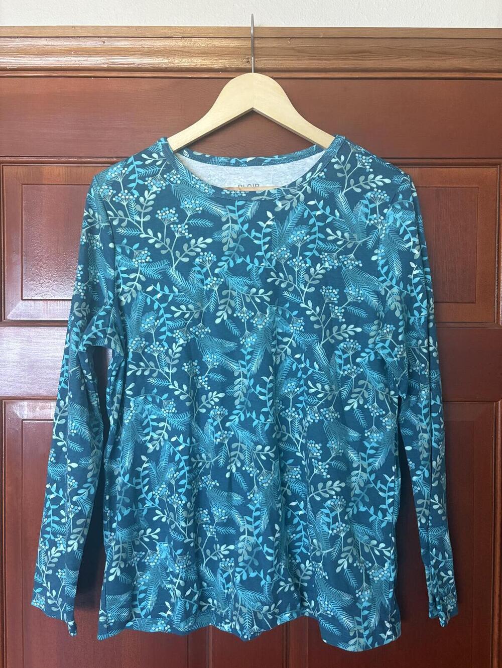 Blair Womens Teal Botanical Print Long Sleeve Top Size M